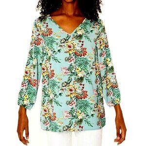 MARIO SERRANI X-Large Seafoam w/ Floral Chiffon LS Elastic Cuffs V-Neck Tunic